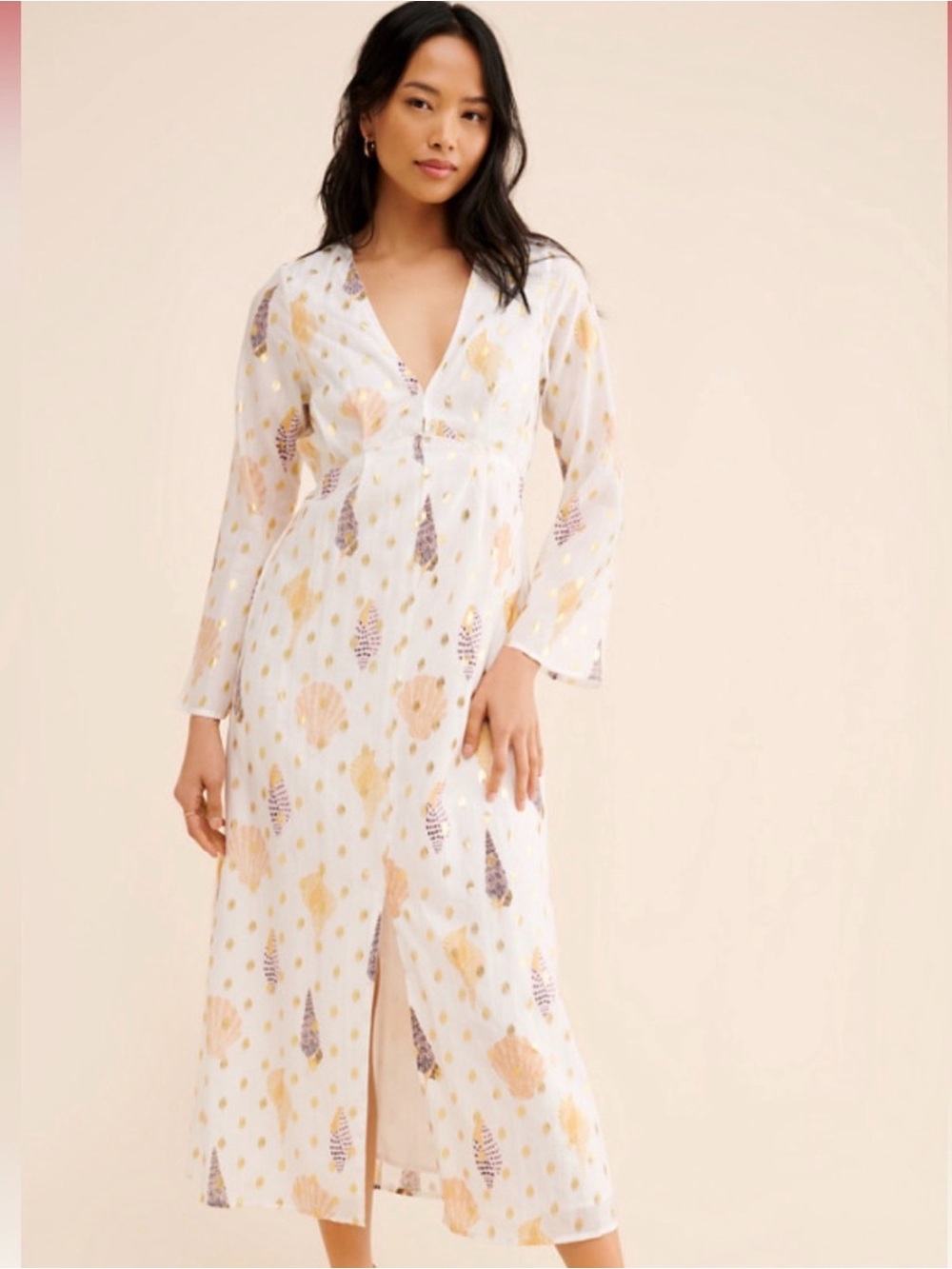 NWT! Anthropologie Never Fully Dressed Maxi Dress Shells, Gold 14